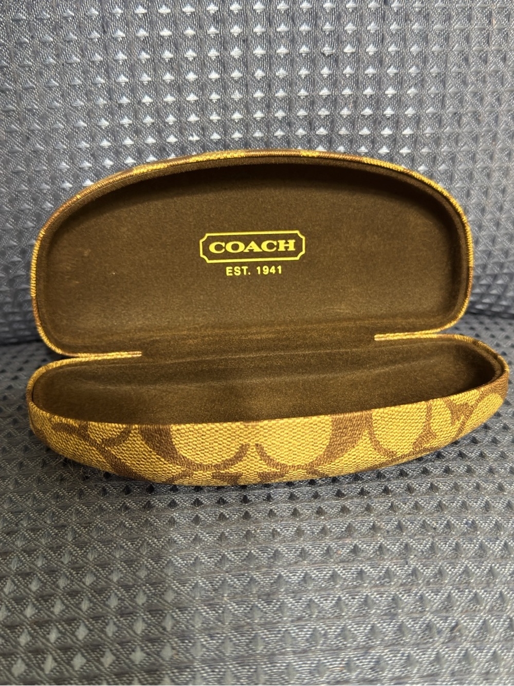 Coach Signature Monogram Sunglass Case in Brown and Tan with Gold Logo